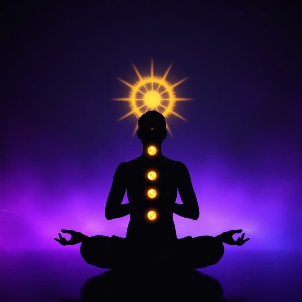 Silhueta em meditação com aura energética elevada